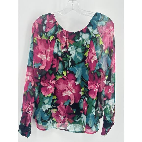 INC Womens PXL Floral Chiffon Blouse Pink Teal Sheer Long Sleeve Lined Hi-Low - Picture 3 of 13